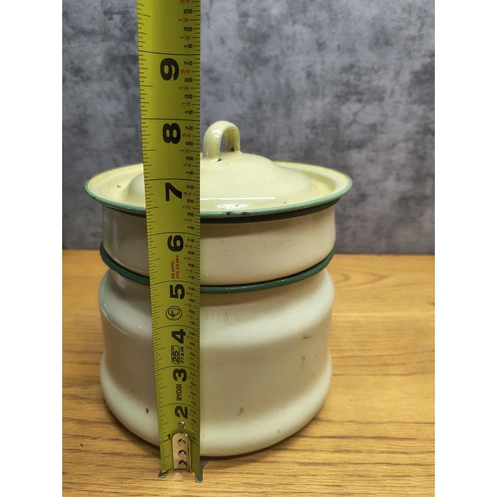 Vintage Enamelware Double‎ Boiler Cream Green Trim Circa 1930's - 40's Lid 3 Pcs